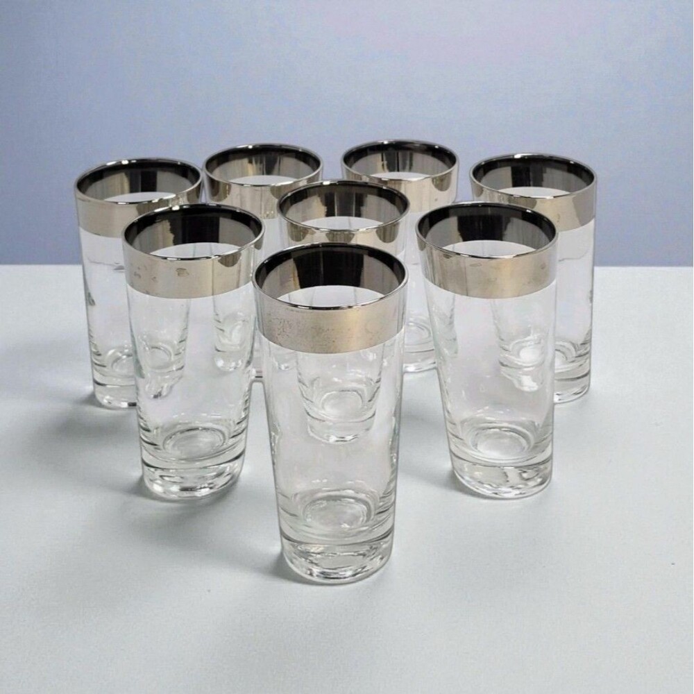 Set of 8 Dorothy Thorpe Silver Band Highball Glasses Vintage MCM Barware